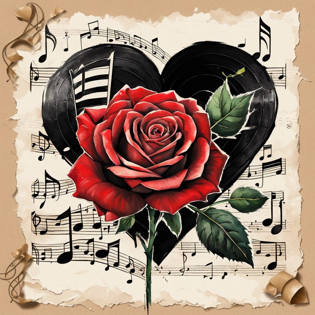 Red Rose Against Black Heart on Parchment