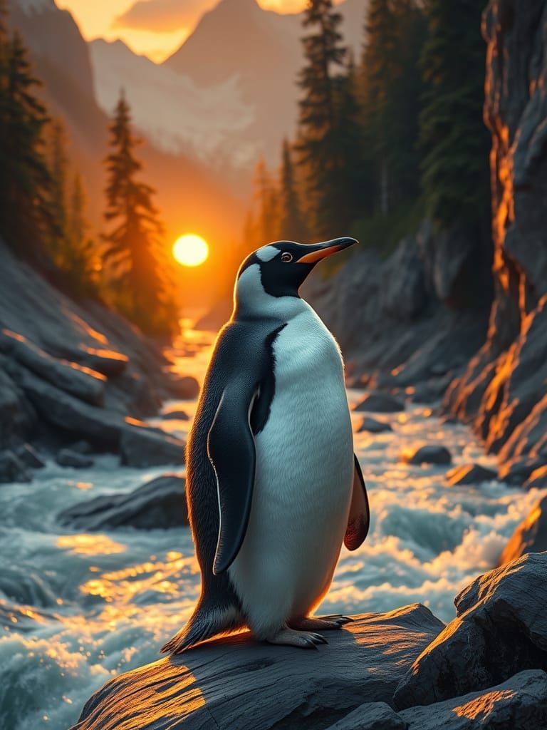 Majestic Penguin Surveys Serene Mountain River Sunset