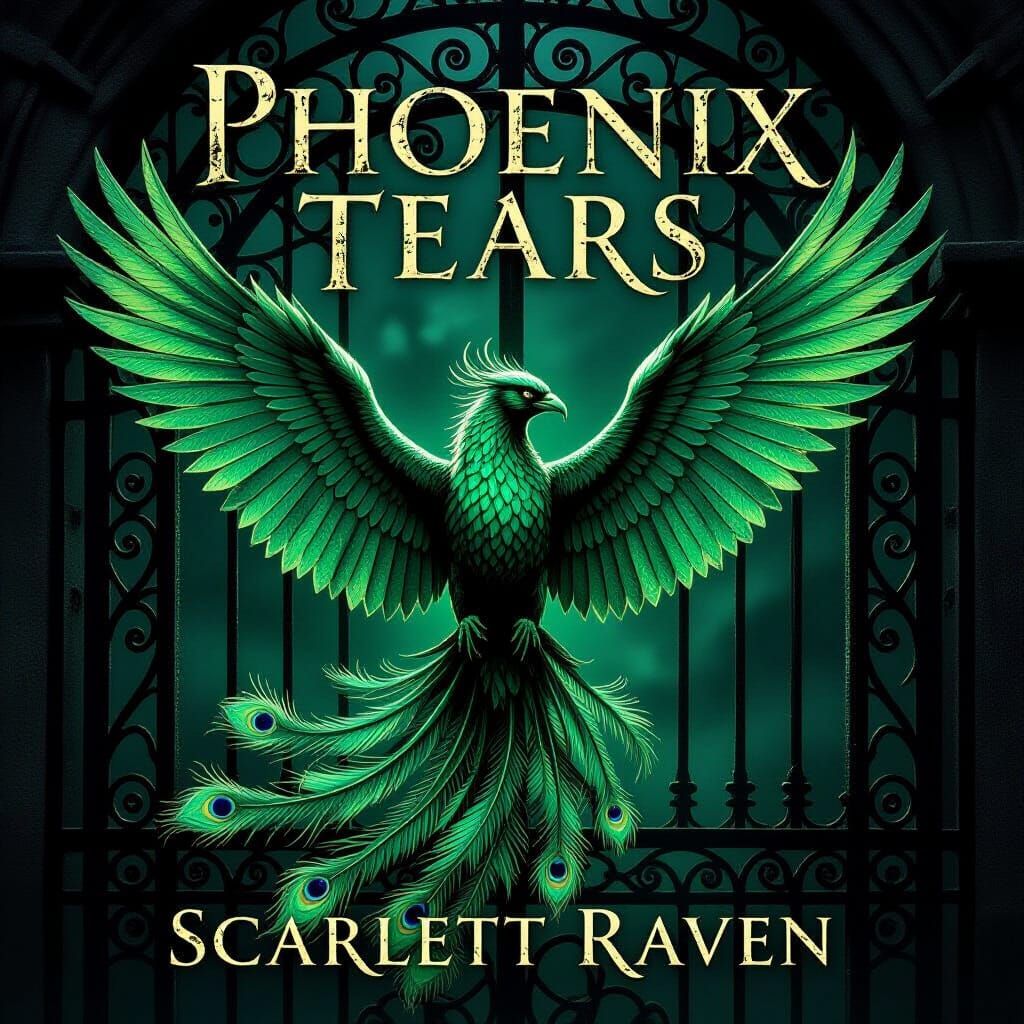 Emerald and Black Phoenix Book Cover in Dark Academia Style