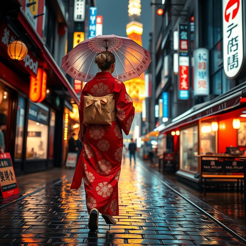Futuristic Tokyo Scene with Kimono in Cyberpunk Style