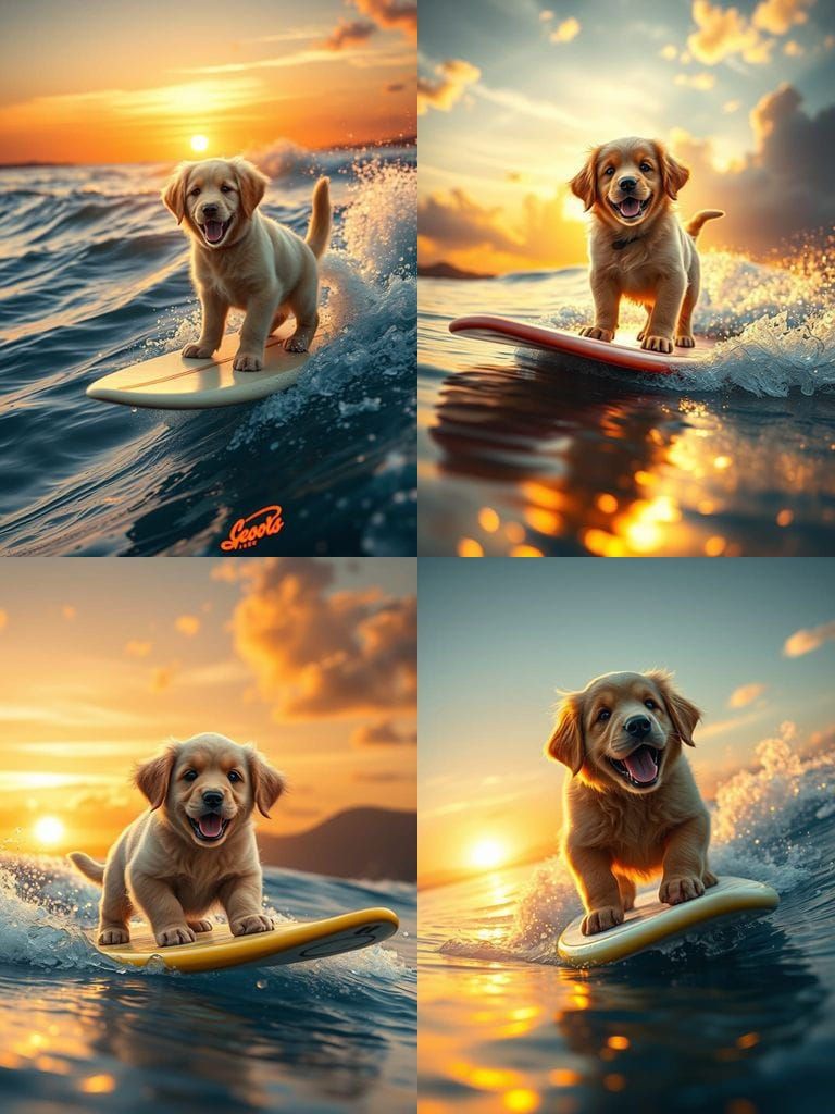 Puppy Surfing at Sunset in Hyperrealism Style