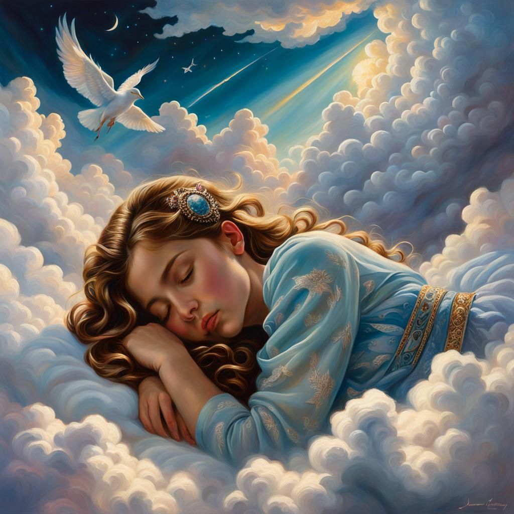 Dreaming Girl Surrounded by Fantasy Clouds