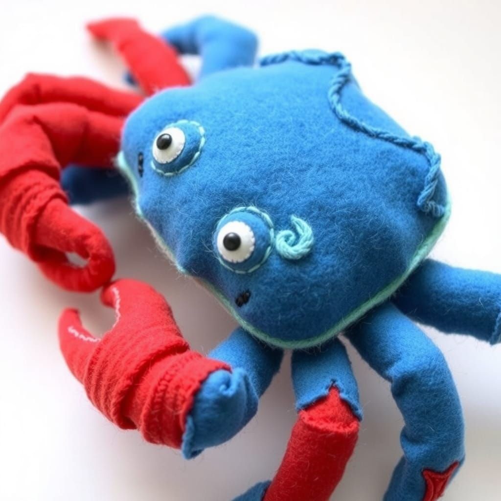 Blue Felt Crab in Children's Illustration Style