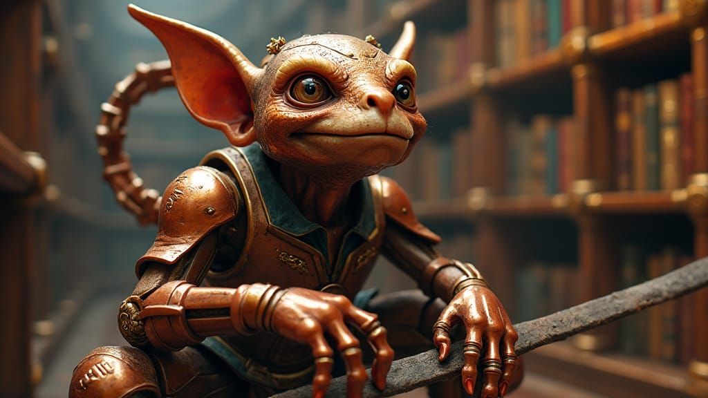 Clockwork Goblin in Library, High-Fashion Portraiture