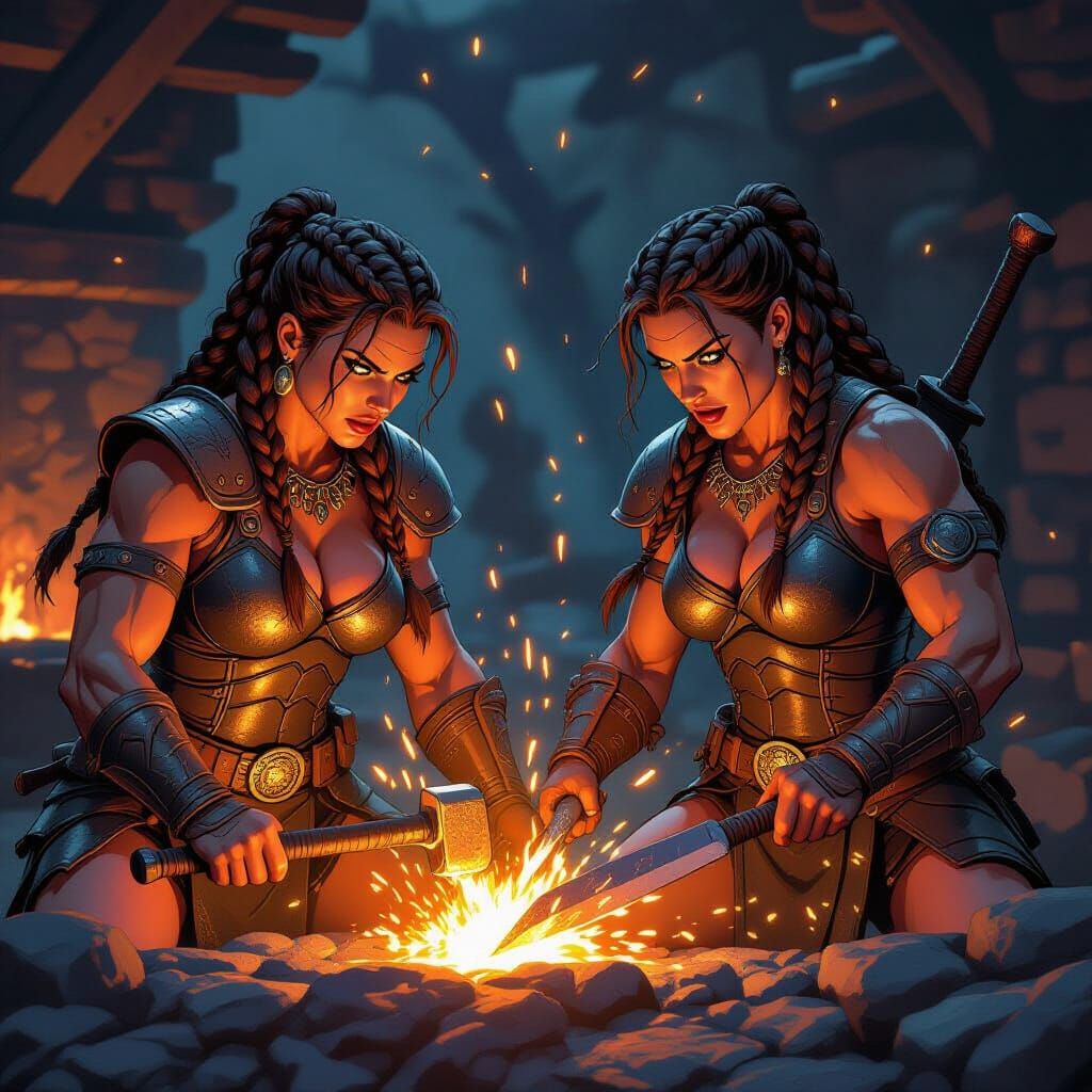 Female Barbarians Forge Swords in Fiery Workshop