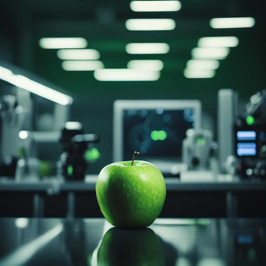 Green Apple in Dark High-Tech Laboratory