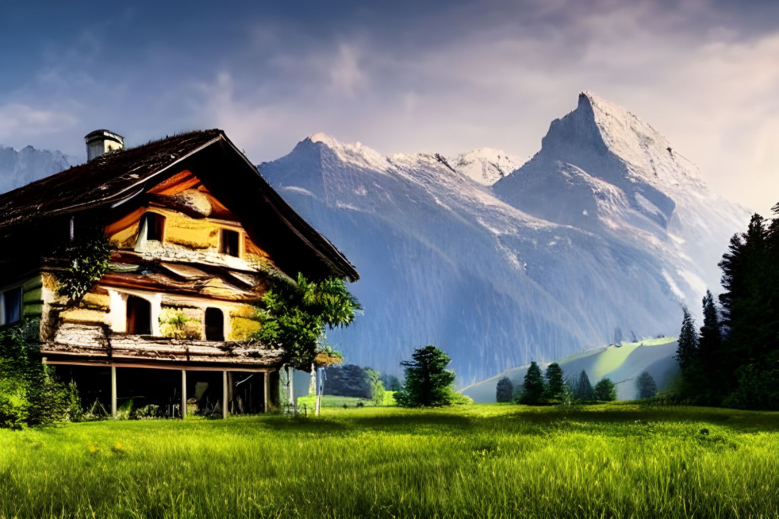 Abandoned House in Swiss Alps Meadow