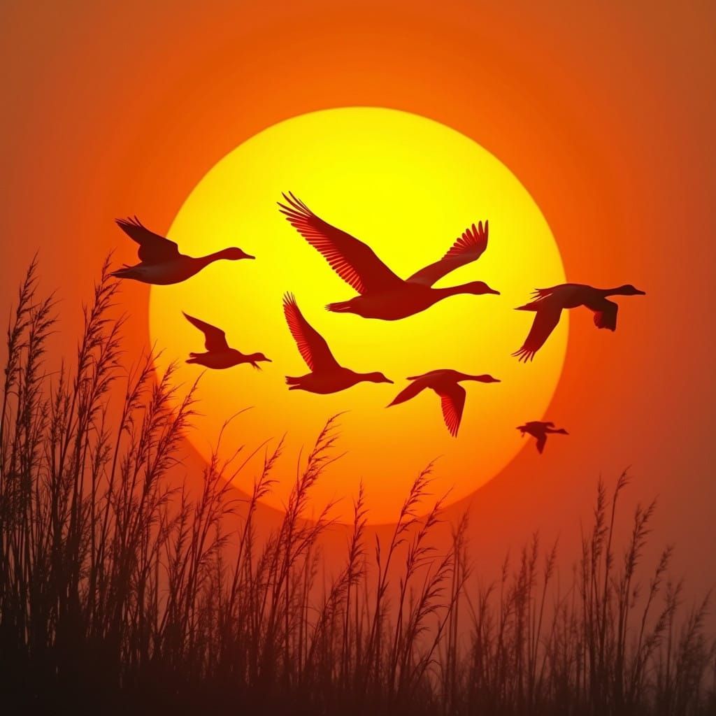 Surreal Geese Silhouettes Against Golden Sunset with Willows