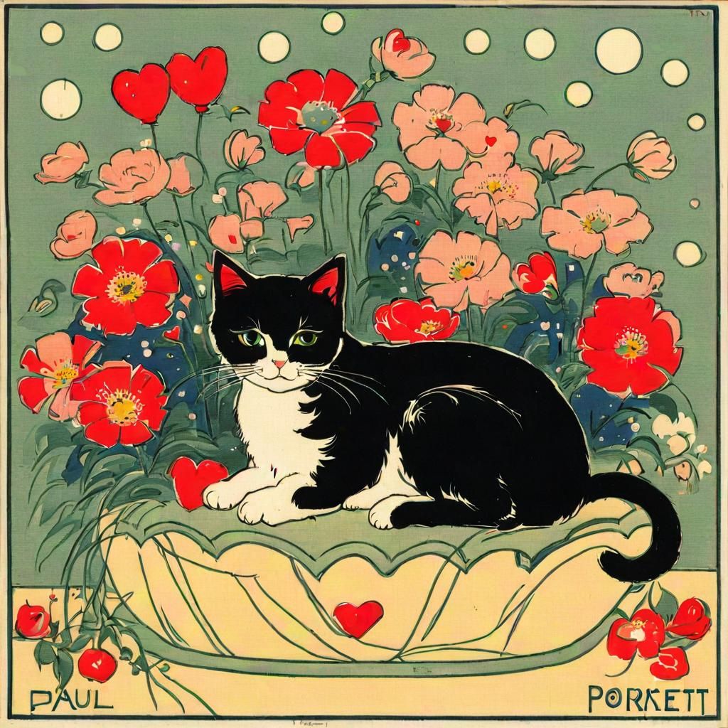 Cute Cat with Flowers in Art Deco Style