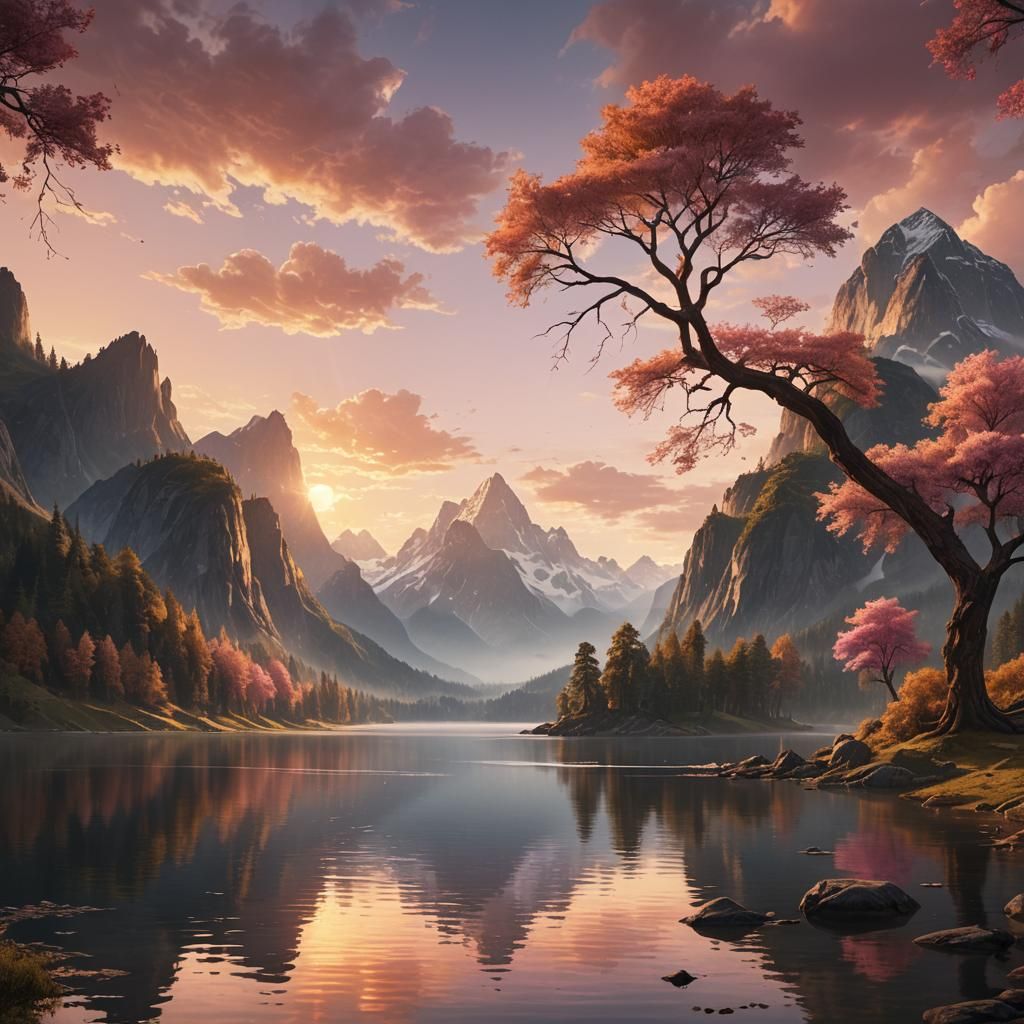 Panoramic Sunset Landscape in Photorealistic Style