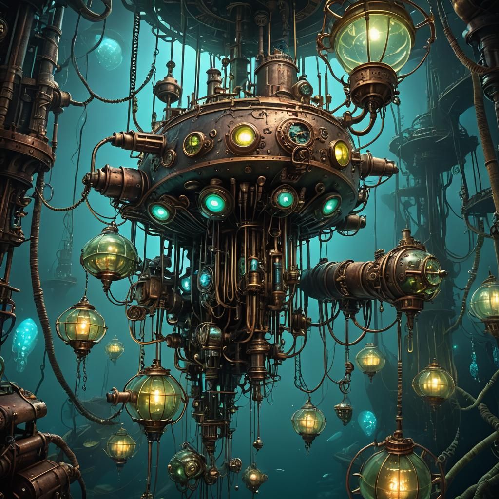 Bioluminescent Biopunk Submarine in Murky Abyss