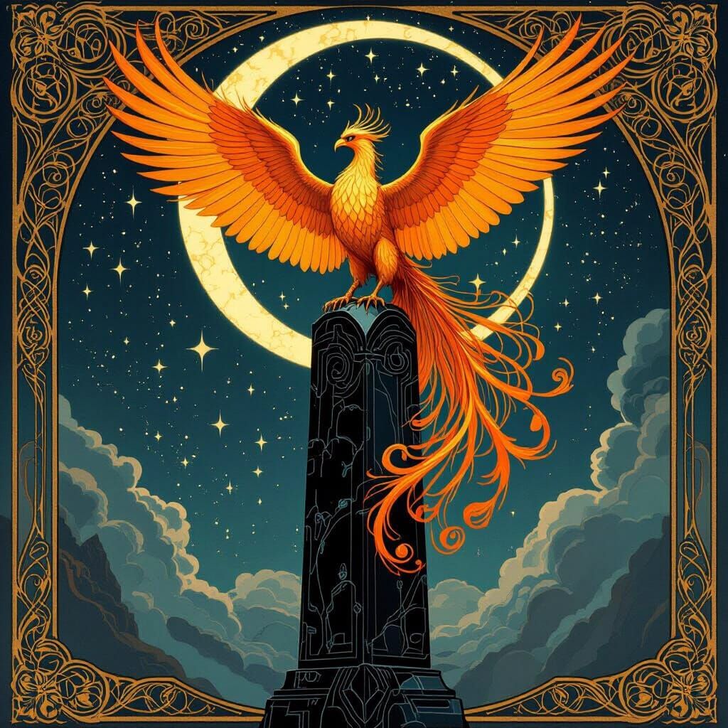 Golden Phoenix Perched on Obsidian Obelisk in Art Nouveau St...