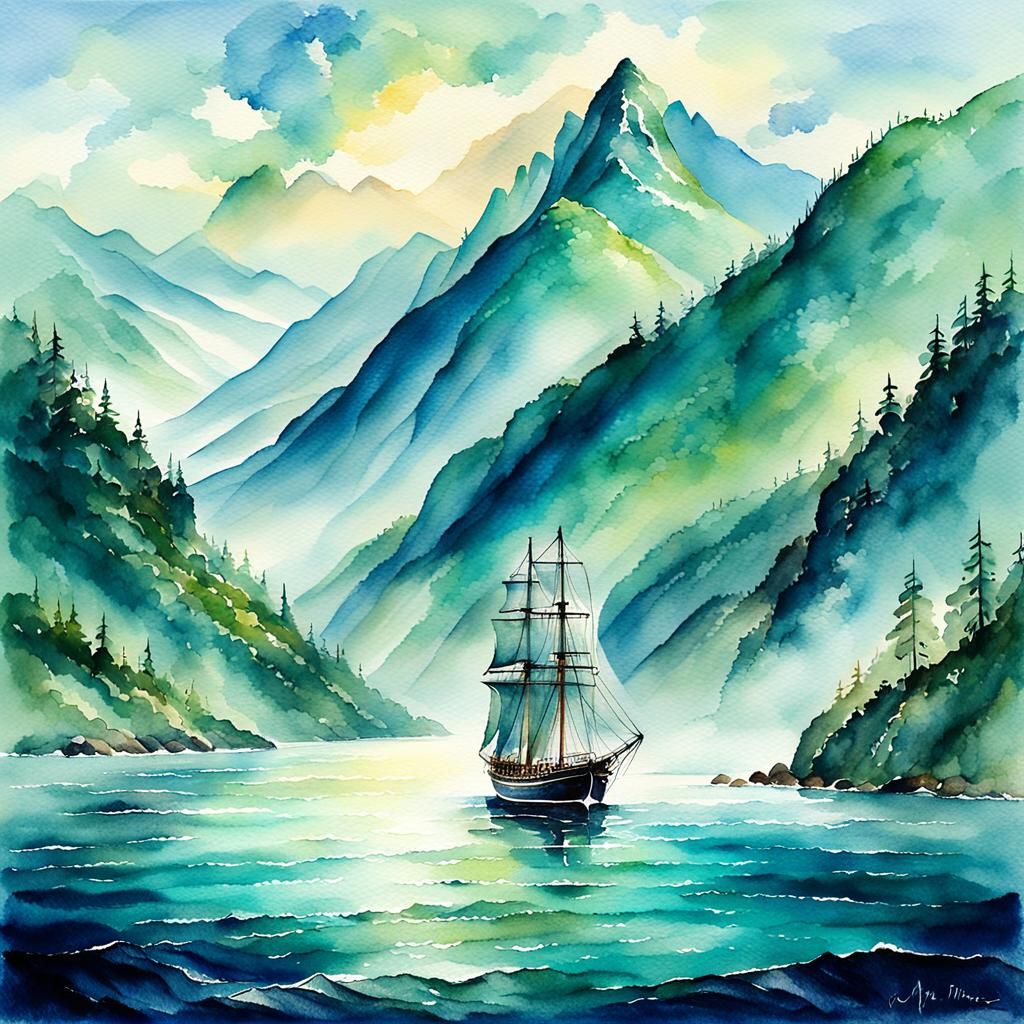 Watercolor Seascape with Sailing Ship and Mountains