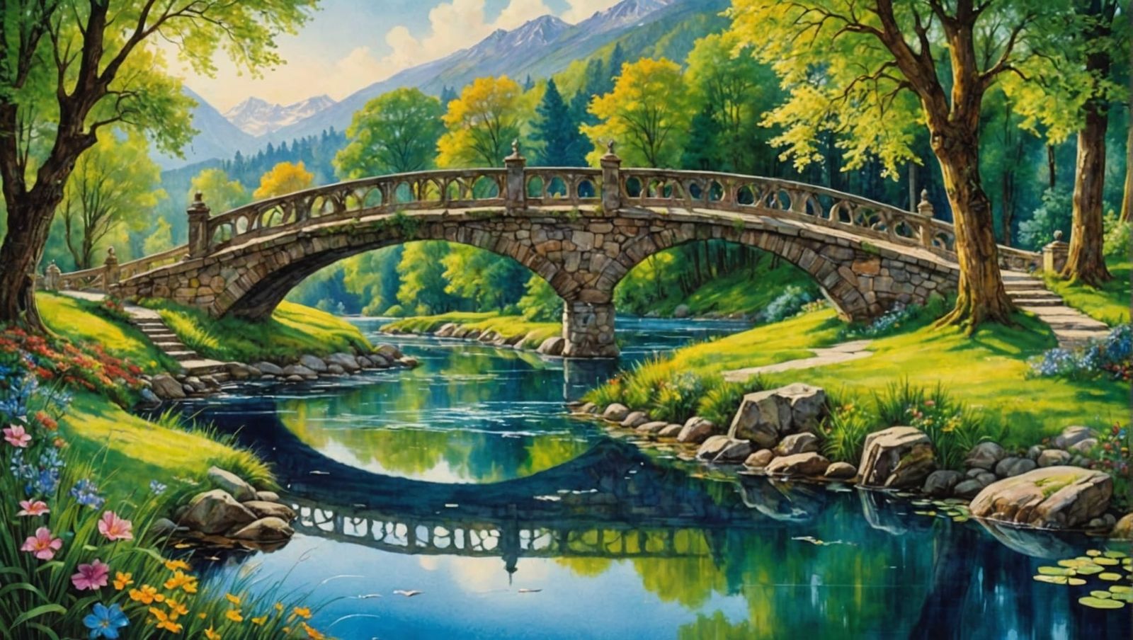 Picturesque Stone Bridge in Watercolor Fairytale Art