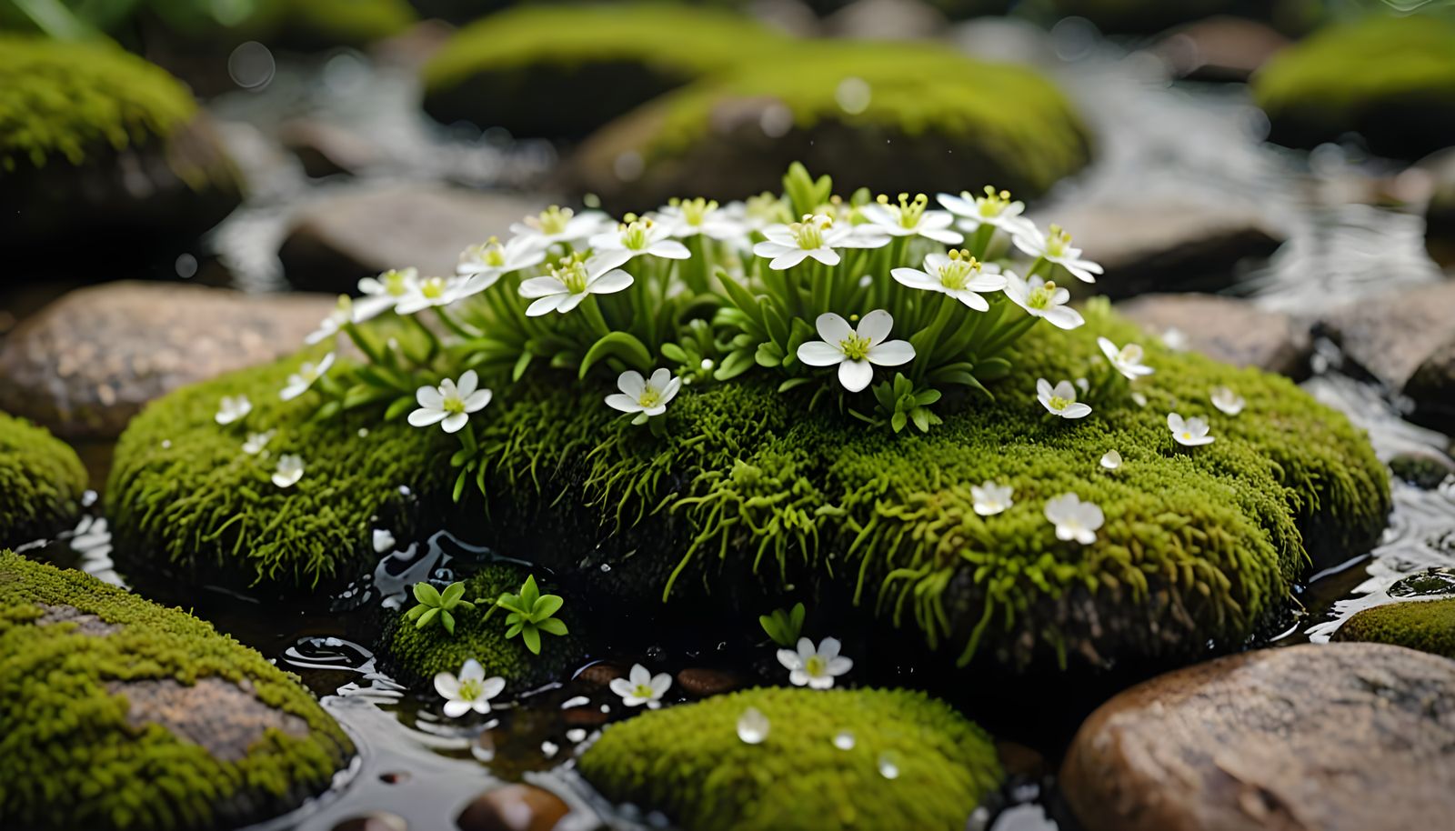 Dense Green Moss with Tiny White Flowers on a Rock near Wate...