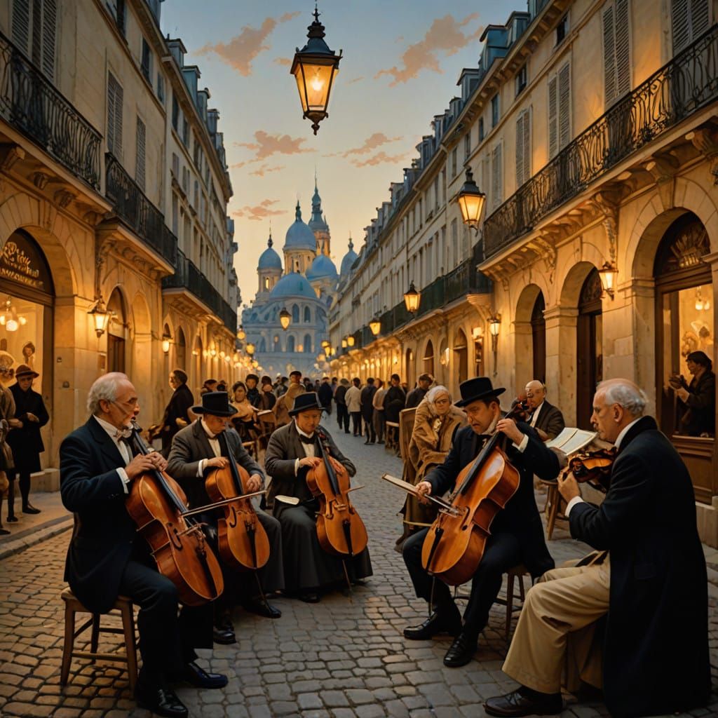 Elegant Parisian Street Orchestra in Golden Evening Light