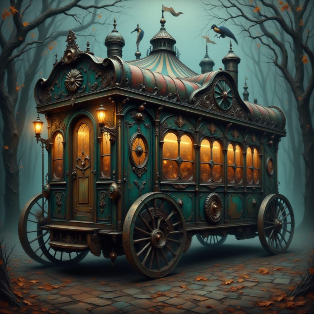 Haunting Steampunk Carnival Wagon in Moody Oil Painting Styl...