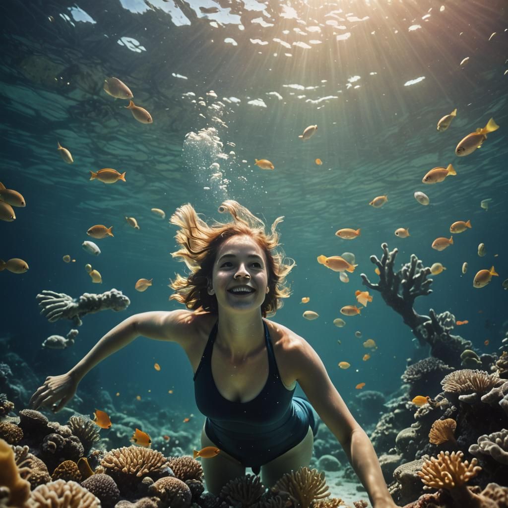 Woman Swimming in Coral Reef, Cinematic Film Still