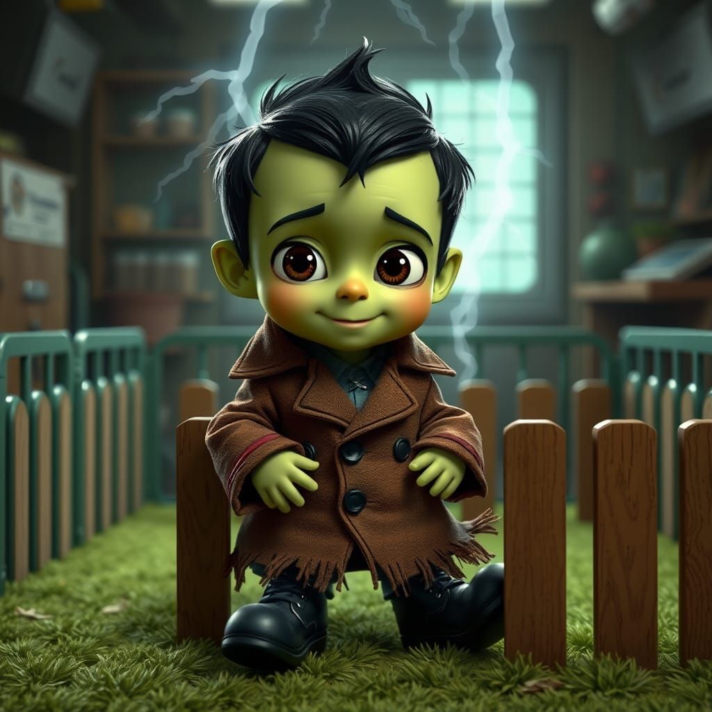 Cute Chibi Frankenstein Infant in Playpen