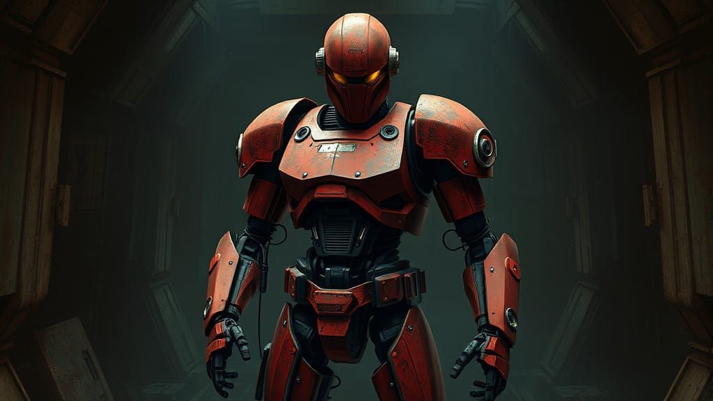HK-47: Rusty Red Assassin Droid in Industrial Dystopia
