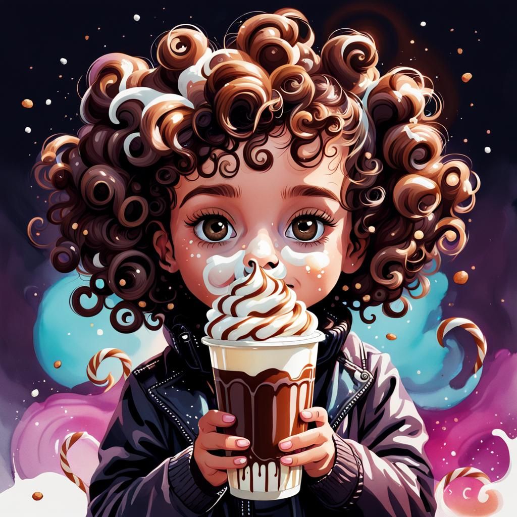 Whimsical Toddler Enjoying Hot Chocolate: Watercolour Synthw...