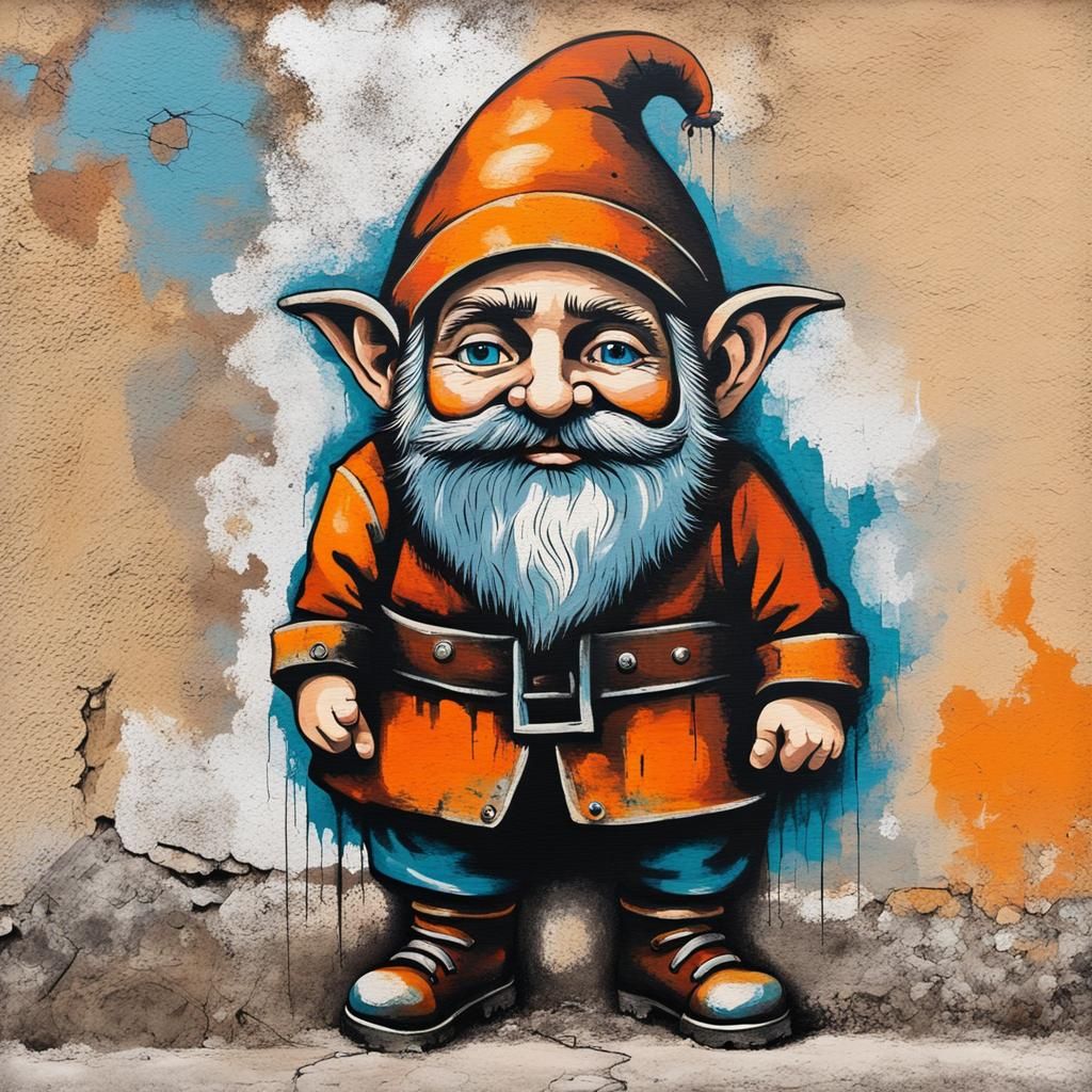 Painting of a little dwarf on the old wall, street art