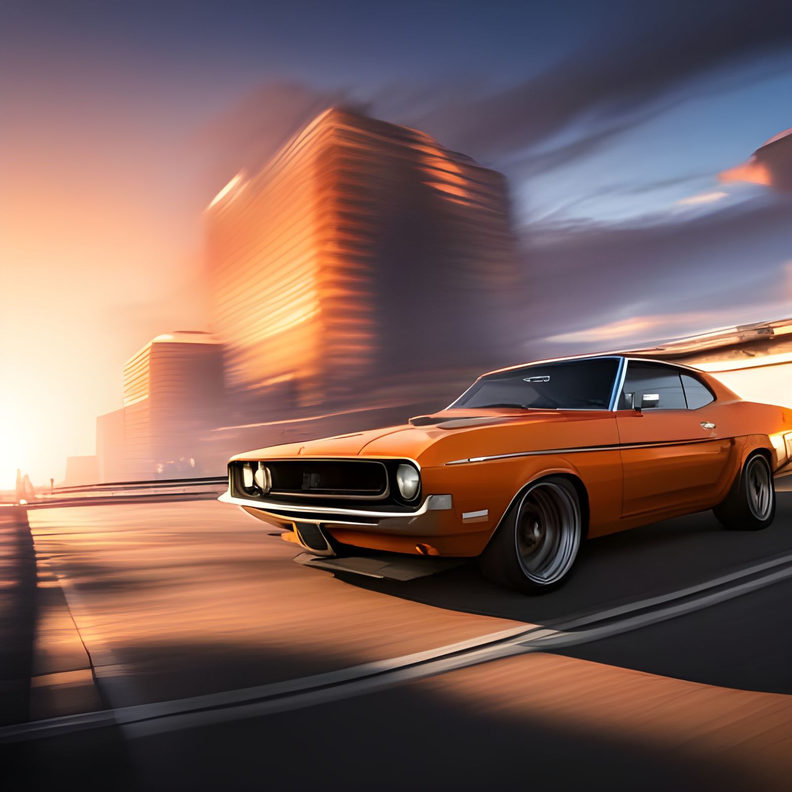 Muscle Car Chase at Sunset: Matte Painting