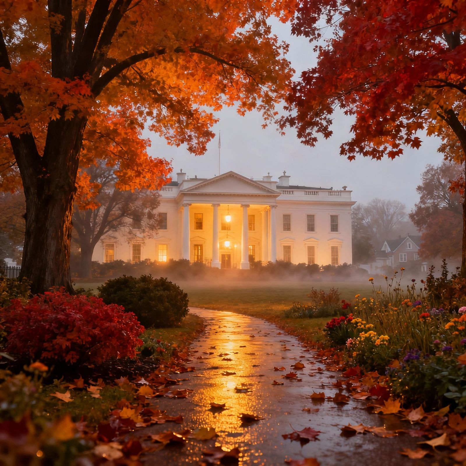 Cozy White House Autumn Evening Landscape