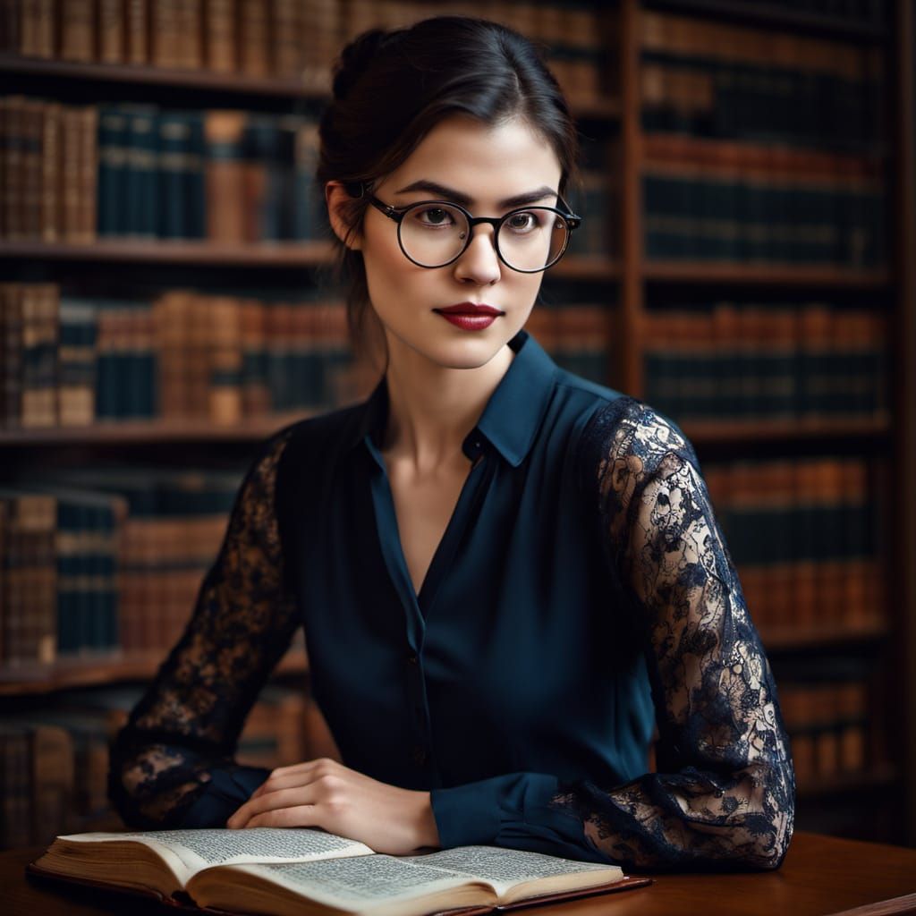 Provocative Librarian in Dimly Lit Study