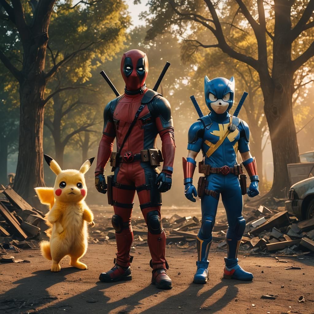 Deadpool, Pikachu, and Sonic in Cinematic Film Still