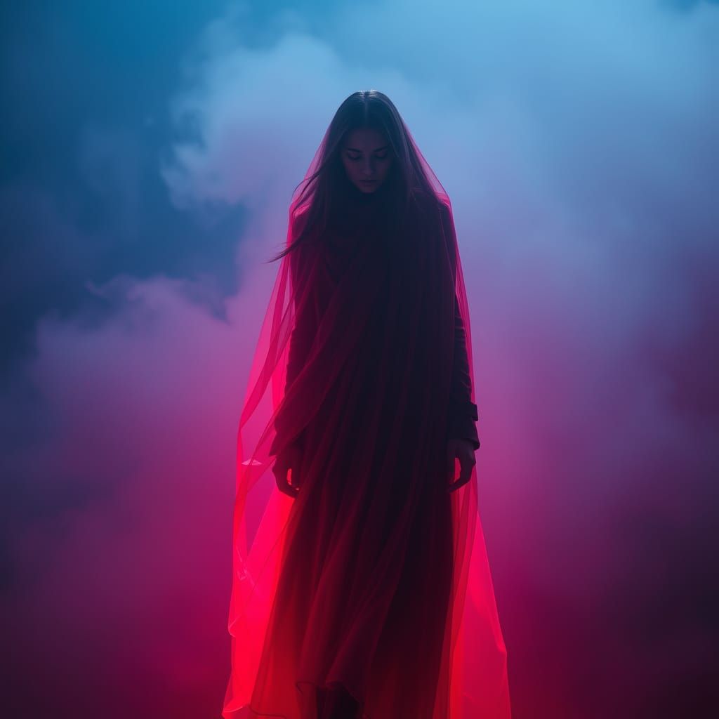 Ethereal Woman in Neon-Lit Noir Landscape