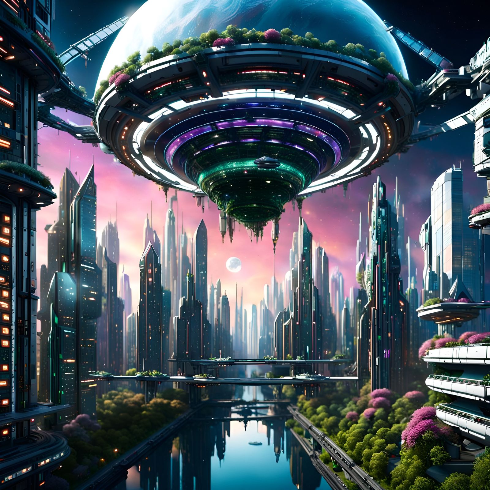 Utopian Metropolis on Space Station in Cyberpunk Style