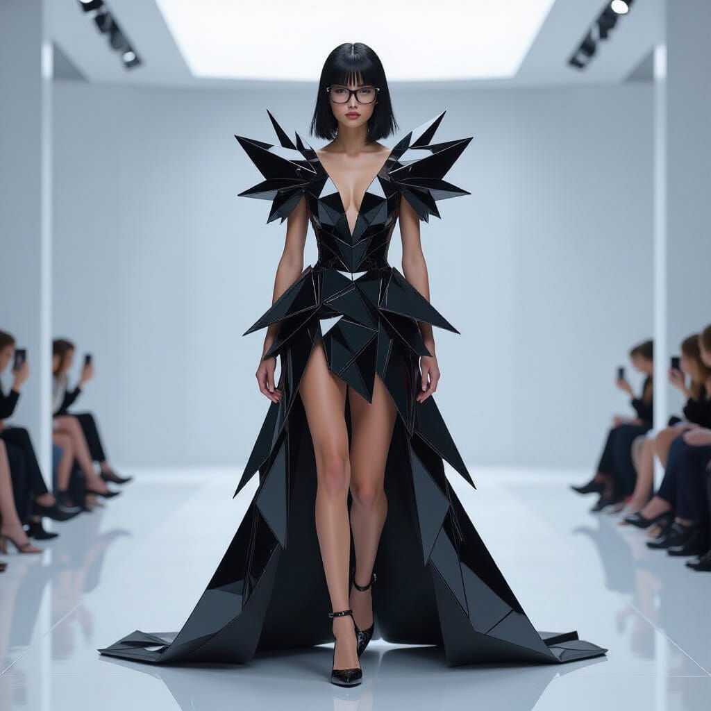 Futuristic Model in Geometric Obsidian Glass Dress