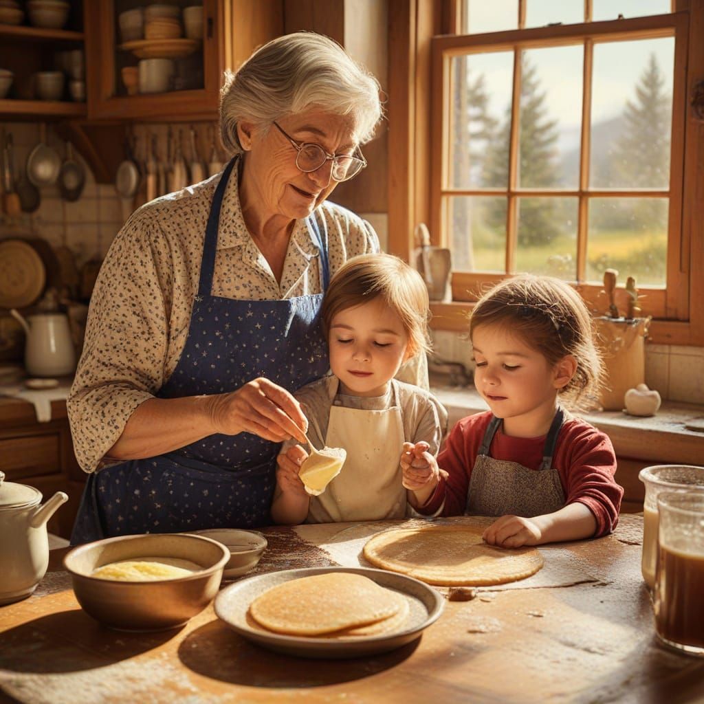 Cozy Vintage Kitchen Scene: Grandma Baking Pancakes