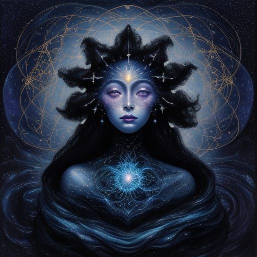 Cosmic Woman Made of Stars in Ethereal Oil Painting