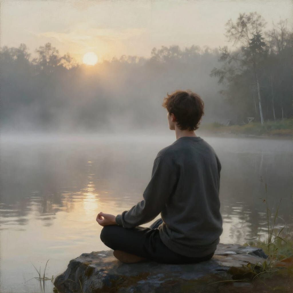 Meditating Figure by Lake at Dawn in Serene Landscape Oil St...