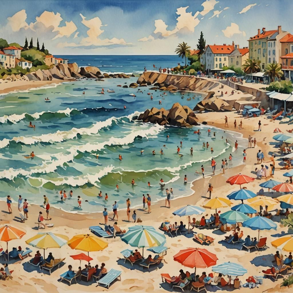 Modern Beach Scene in Gouache Watercolor Style