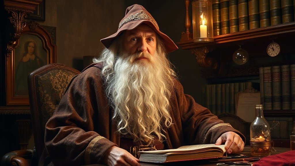 Wise Wizard in Golden Light: A Magical Scene