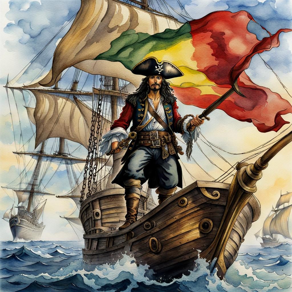 Pirate and Parrot on Ship in Watercolour Style