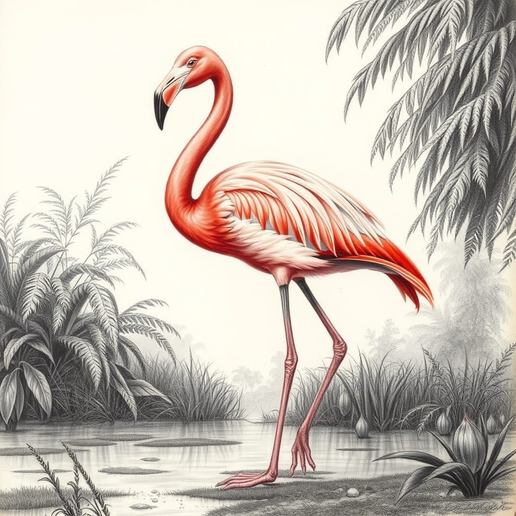 Victorian Flamingo Arrives in Galapagos Charcoal Drawing