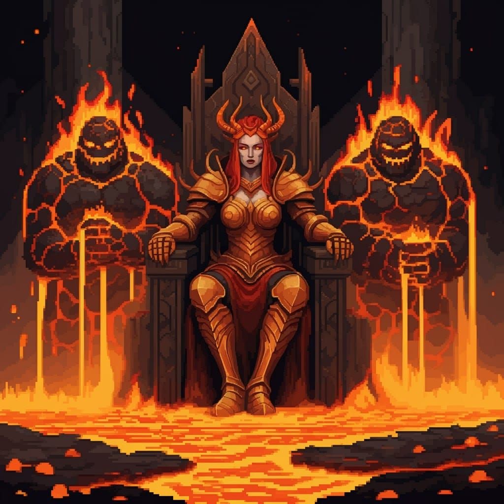Fiery Goddess on Lava Throne in 8-bit Style