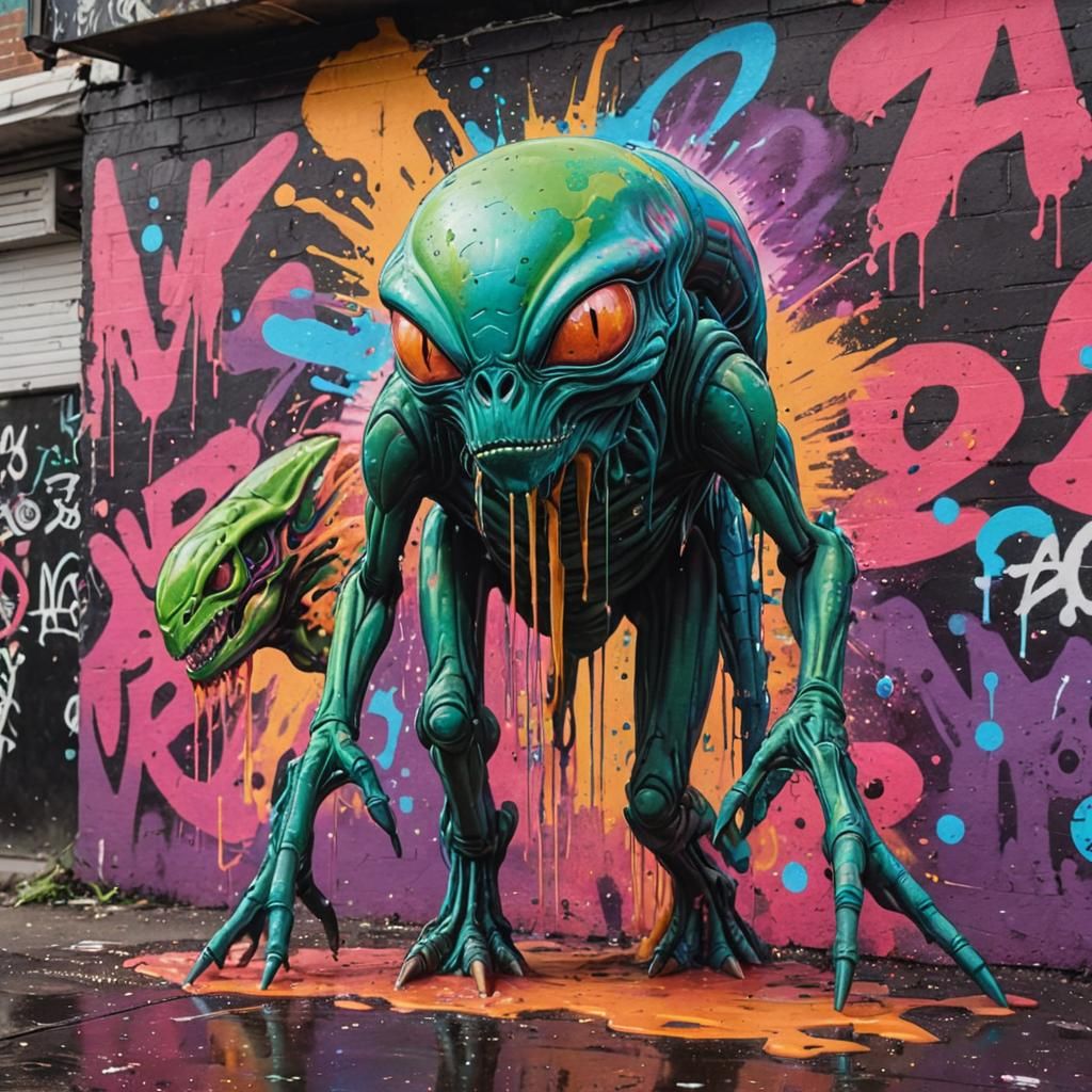 Extraterrestrial Invasion Graffiti Art: A Dramatic Scene