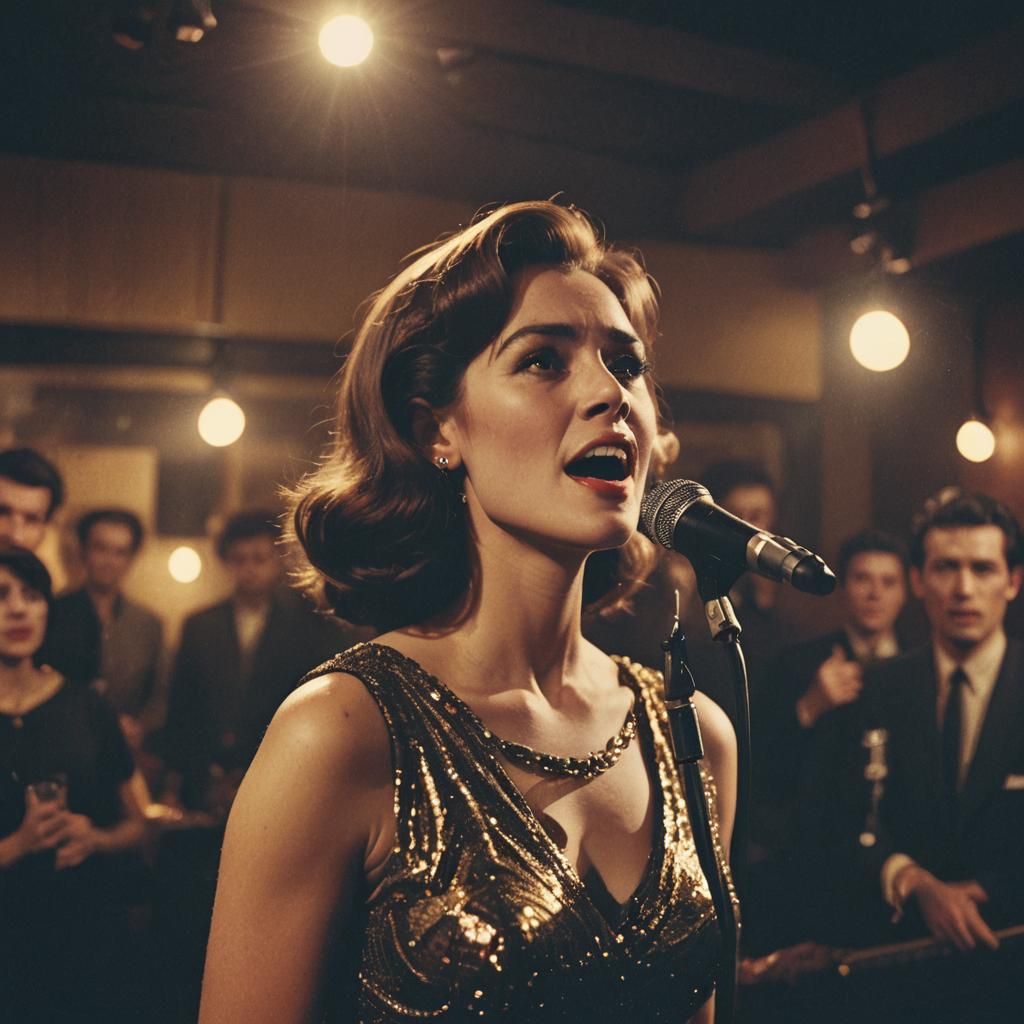 1960s Singer on Stage in Cinematic Film Still