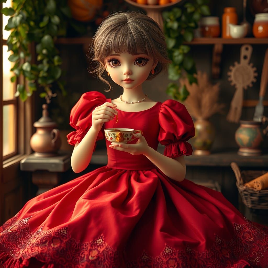 A small Barbie-like figure in the kitchen eating baklava. Sh...