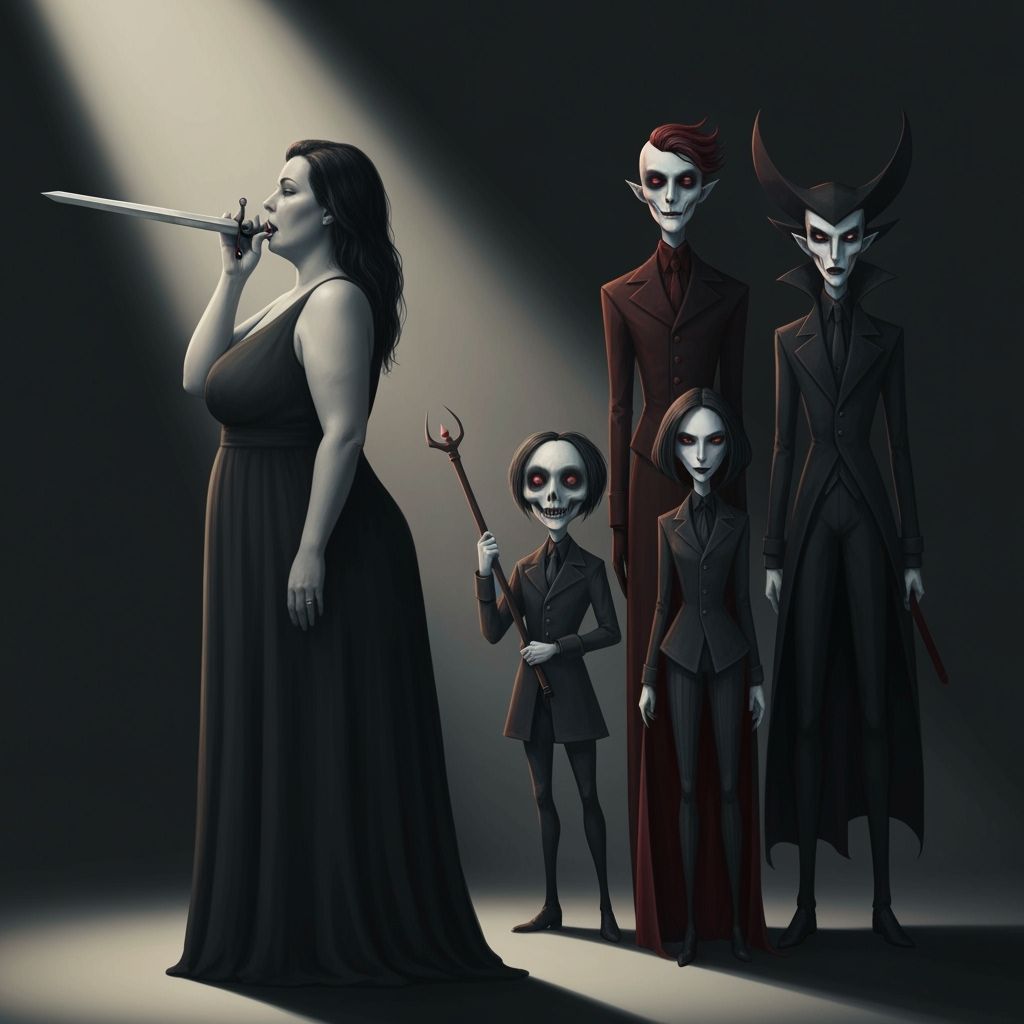 Queen of Swords Swallowing Sword in Tim Burton Style