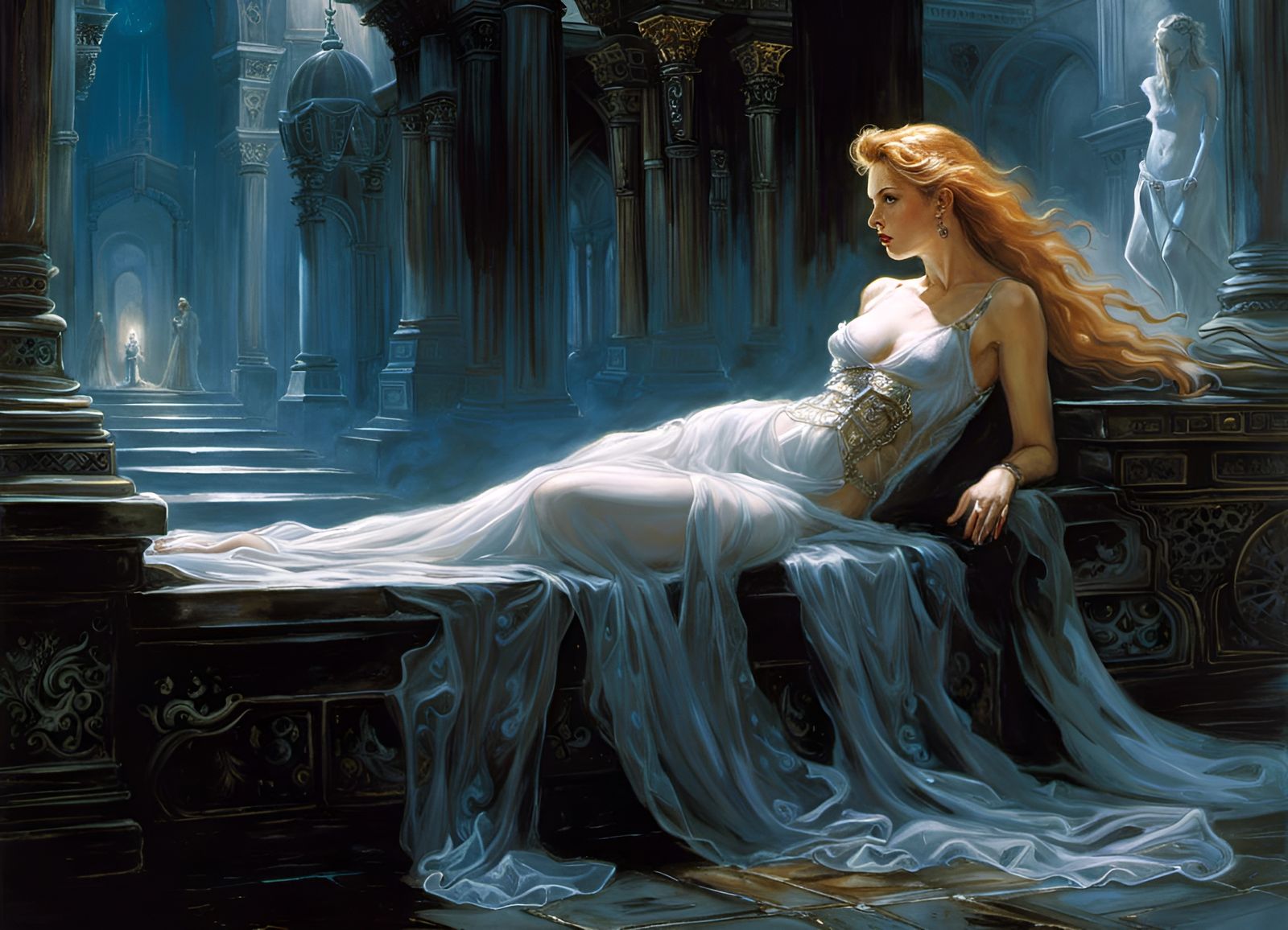 Ginger Woman on Obsidian Altar: Dark Fantasy Digital Art