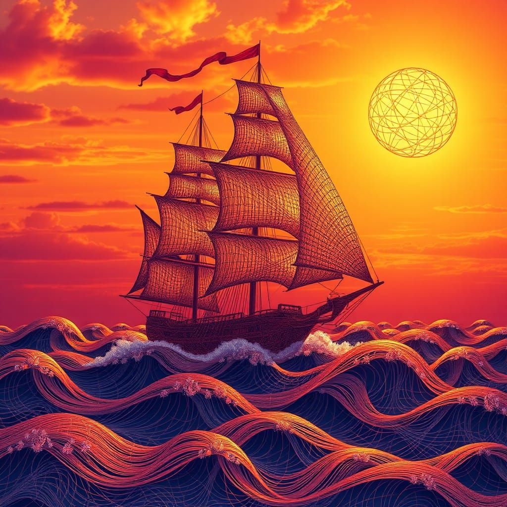 Surreal Windjammer Sails in a Kaleidoscope of Fractals