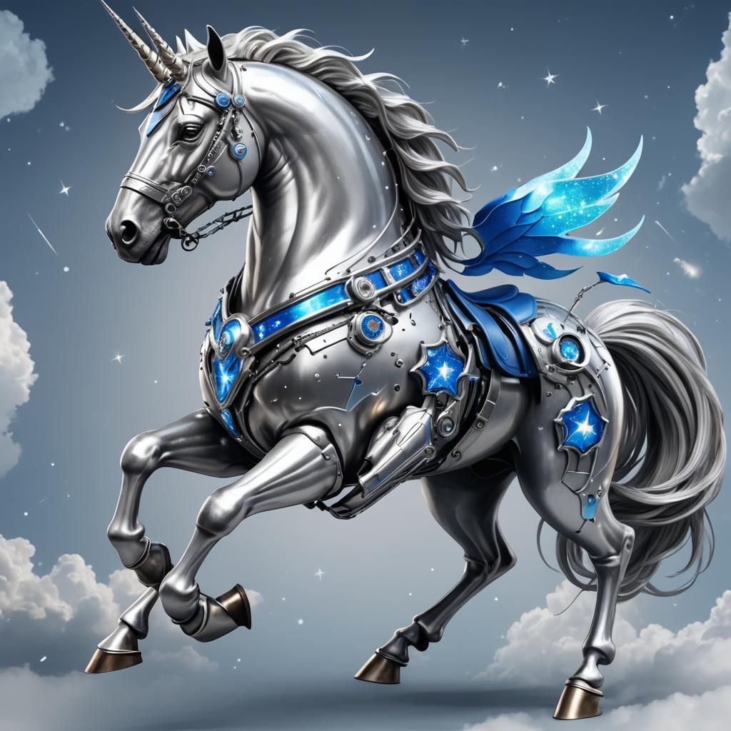 Silver Metallic Cyborg-Unicorn Galloping in Starry Sky