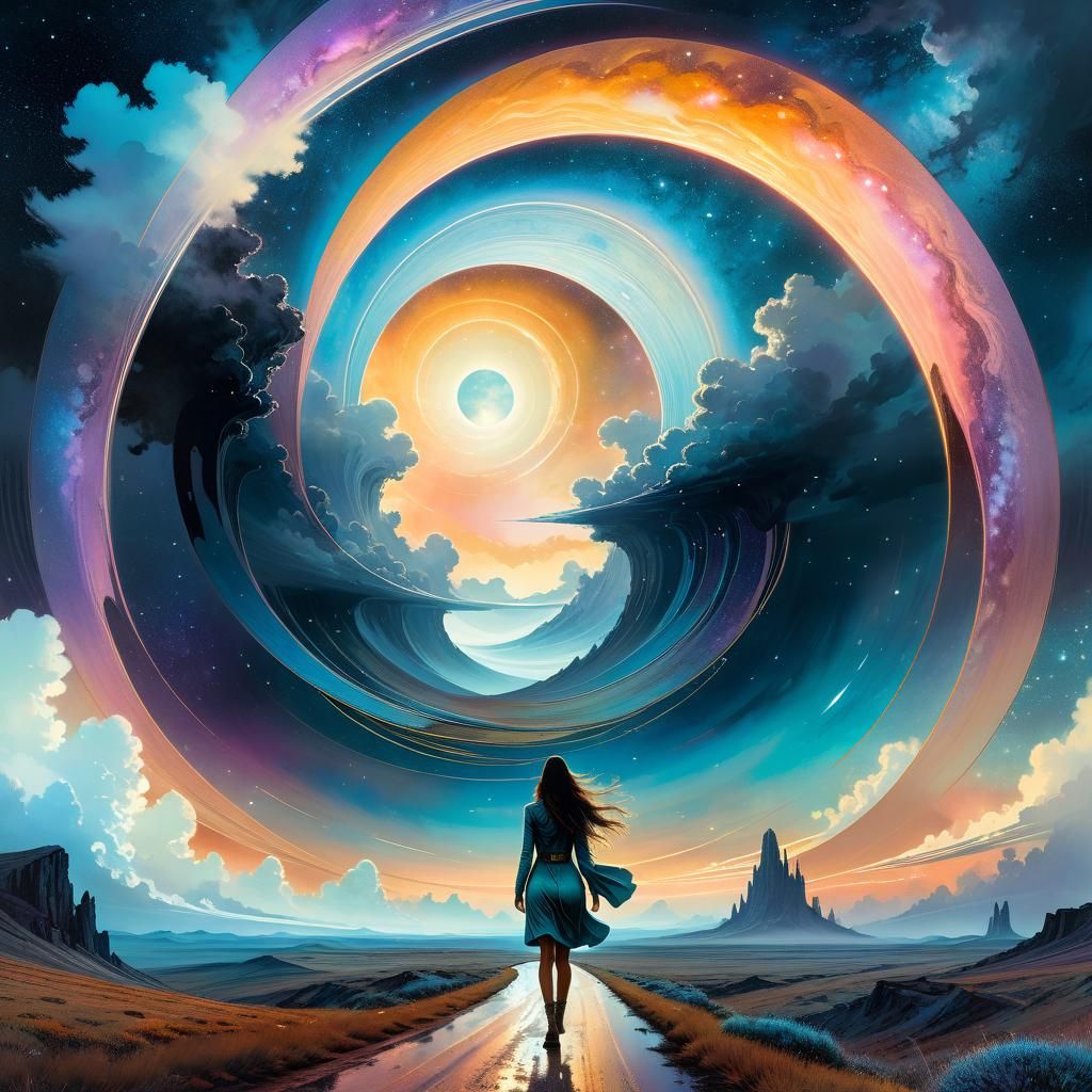 Woman in Fractalized Cosmic Landscape: Surreal Illustration