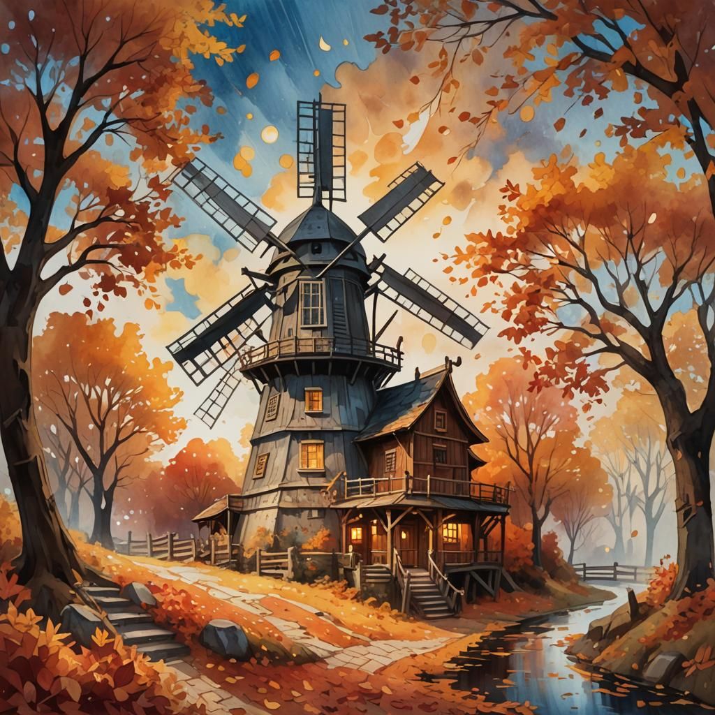 Autumn Windmill in Gouache Watercolor Fantasy
